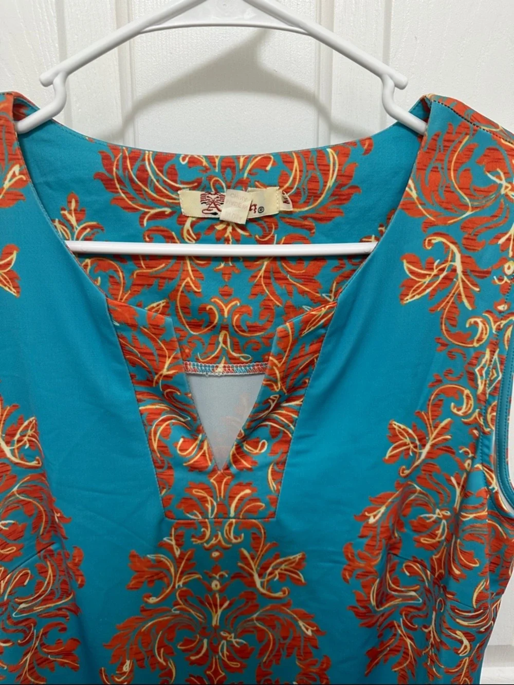 0066 Aryeh Turquoise Sleeveless Dress with Orange Damask Print women’s medium - Picture 4 of 6